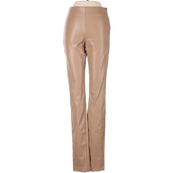 Zara Tan Faux Leather Split Hem Pants Side Zip High Rise Vegan Leather XS NWT - Picture 2 of 7